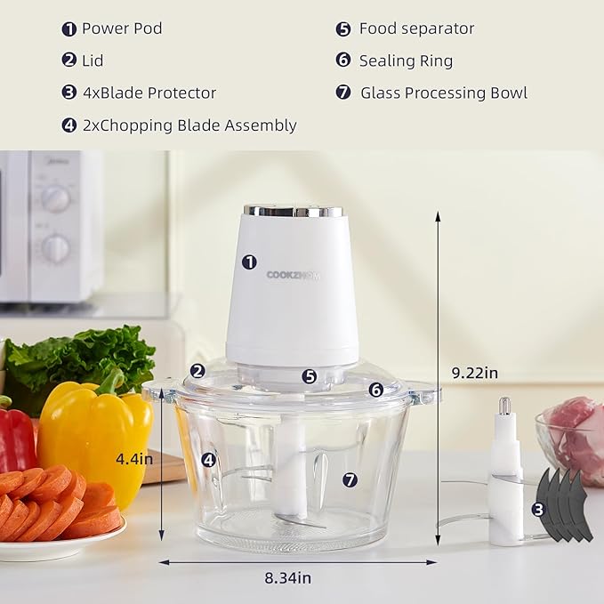 Food Processor,Electric Food Chopper with 500W Stainless Steel Motor & 4 Sharp Blade Sets,8-Cup Glass Bowl for Meat, Vegetables, Fruits and Nuts