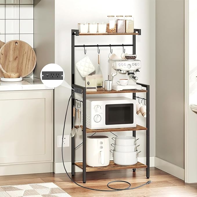Baker's Rack with Power Outlet, 4-Tier Standing Kitchen Rack Microwave Stand Storage Shelves, Coffee Bar Station Cabinet Table, Heavy Duty Kitchen Organizer for Coffee Bar, Bread