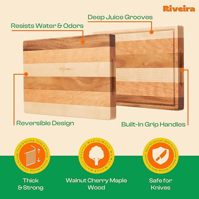 Riveira Walnut/Cherry/Maple Wood Cutting Board Set - Versatile And Durable: 3 Pcs Wooden Cutting Boards - Natural Wooden Cutting Boards For Kitchen Set - Complete Walnut/Cherry/Maple Cutting Board