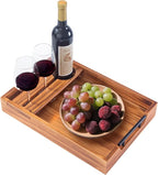 Wood Serving Tray with Handles, 17"x12" Rustic Wooden Trays with Removable Wine Glass Holder Decorative Ottoman Tray for Living Room, Coffee Table, Breakfast Food Trays in Bed