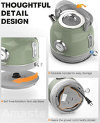 Amaste Electric Kettle, Retro Electric Tea Kettle with Thermometer, 57 Oz Hot Water Kettle for Coffee & Tea, 304 Stainless Steel, 1500W Fast Boiling, Auto Shut-Off & Boil Dry Protection, Matcha Green