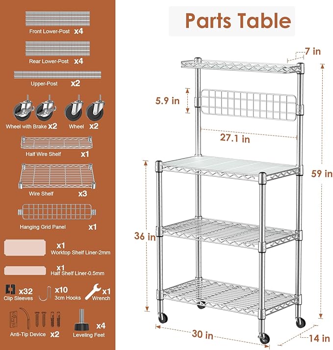Leteuke Bakers Rack for Kitchen with Storage, NSF Certified 4-Tier Adjustable Coffee Bar with Wheels 10 S-Hooks Microwave Stand Kitchen Storage Shelf Metal Storage Rack 30 x 14 x 59 Inches, Chrome