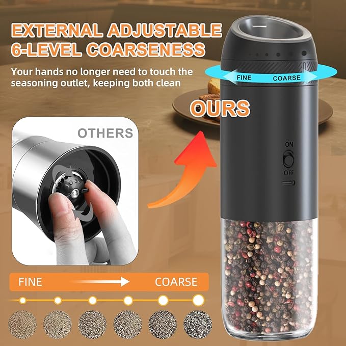 Gravity Electric Salt and Pepper Grinder Set Rechargeable, External Adjustable Coarseness, Automatic Salt and Pepper Shakers Mill with LED Light, 6oz/176ml Large Capacity, House Warming Gifts (1 Pack)