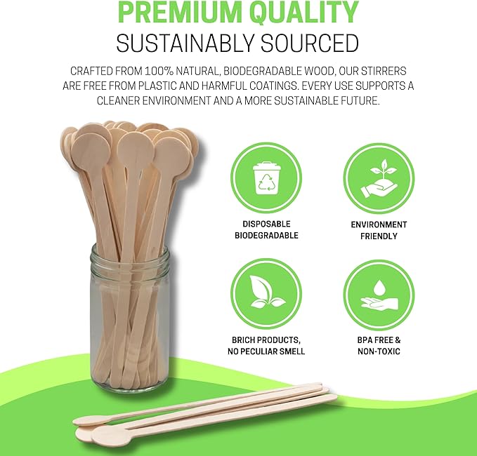 6.25" Wooden Coffee Stirrers with Round Heads – Customizable Stir Sticks with Logo or Text | Eco-Friendly Drink Stirrers for Coffee, Tea, Beverages & Events (6.25" - Pack of 200)