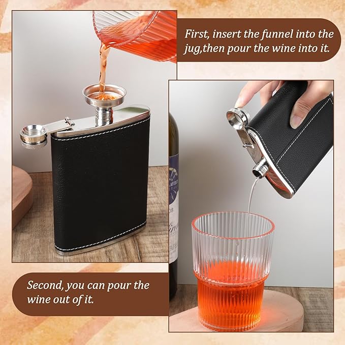 6 Set 8 oz Leather Hip Flasks for Liquor for Men Leak Proof Stainless Steel Drinking Flasks with Funnel Soft Wrap Whiskey Vessels for Wedding Bridesmaid Christmas Gifts (Black)