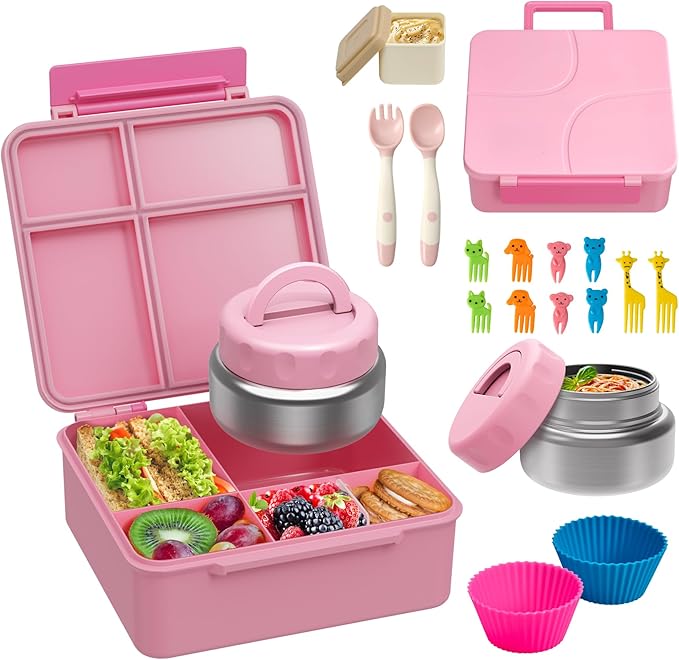 Bento Lunch Box with 9.5 oz Soup Thermo, Kids Leakproof 4 Compartments Bento Box with Silicone Cupcake,Fruit Fork,Spoon and Sauce Cup,Insulated Food Jar for School Travel-Pink