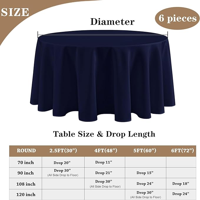 Fitable 6 Pack Navy Tablecloths for Round Tables - 108 Inches in Diameter - Stain Resistant and Washable Table Clothes, Polyester Fabric Table Covers for Wedding, Party, Banquet, Formal Events