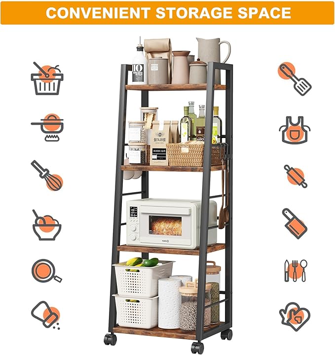 4 Tier Kitchen Storage Cart with Lockable Wheels & 6 Hooks, Mobile Utility Organizer Rolling Cart for Small Spaces, Bar Cart for Kitchen and Living Room, Rustic Brown