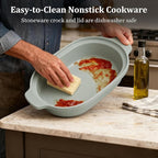 MAGNIFIQUE Casserole Dishes for Oven, 9x12 Porcelain Baking Dish, 4 Quarts Lasagna Pan with Handles and Lid, Oven Safe up to 500°F or on Stovetop, Use to Marinate, Cook, Bake, and Serve, Olive