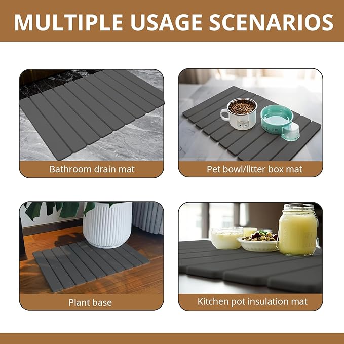 Large Stone Dish Drying Mat for Kitchen Counter, 24"×16" Quick Dry Collapsible Diatomaceous Earth Mat – Super Absorbent Foldable Drying Pad for Dishes (Dark Gray, 23.2" x 15.4")