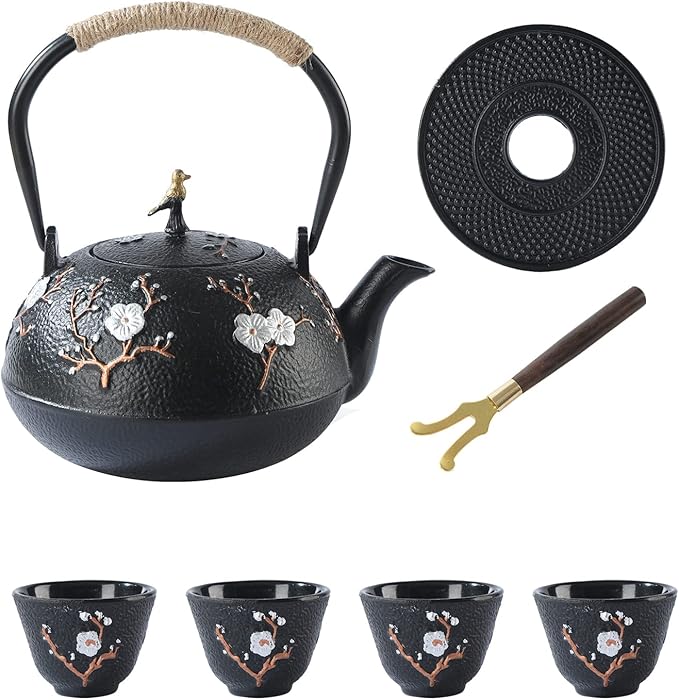 Tea Set Tea Kettle Japanese Style Beautiful Black Cast Iron Teapot Set with 4 Cups,1 Trivet and 1 Lid Holder,40.6oz Teapot with Infuser for Stove Top Safe