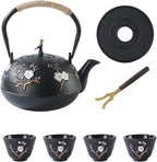 Tea Set Tea Kettle Japanese Style Beautiful Black Cast Iron Teapot Set with 4 Cups,1 Trivet and 1 Lid Holder,40.6oz Teapot with Infuser for Stove Top Safe