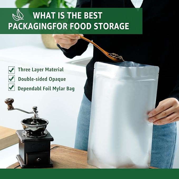 50pcs 8x12 Mylar Bags for Food Storage 2 Quart Resealable Smell Proof Foil Pouches Bags with Label sticker，Family Daily life for Food long-term Freeze Dryer Storage Coffee Cereal