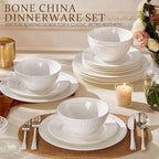 KINGSTONE 12-Piece Bone China Dinnerware Set with 20-Piece flatware, White Lightweight Porcelain Service for 4, for Family Dining, Restaurants, Gifting，Microwave and Dishwasher Safe