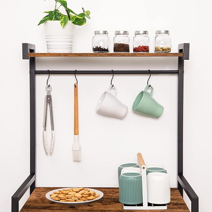 HOOBRO Kitchen Bakers Rack with Storage, 4 Tiers Coffee Bar Station, Microwave Stand with 8 S-Shaped Hooks, Kitchen Storage Shelf Rack for Small Spaces, Rustic Brown and Black BF04HB01