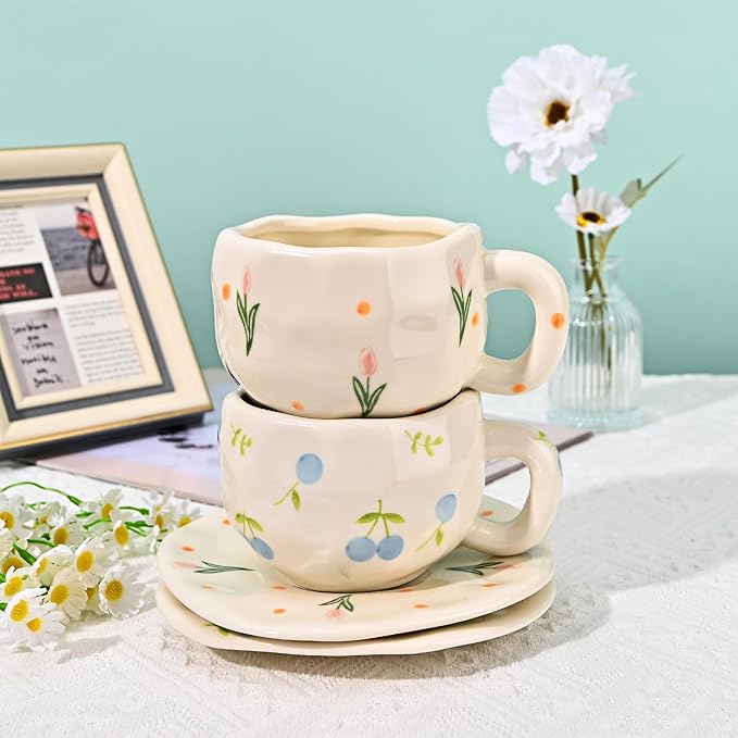 Koythin Ceramic Coffee Mug with Saucer Set, Cute Pink Tulip Flower Cup Unique Irregular Design for Office and Home, 10 oz/300 ml for Latte Tea Milk