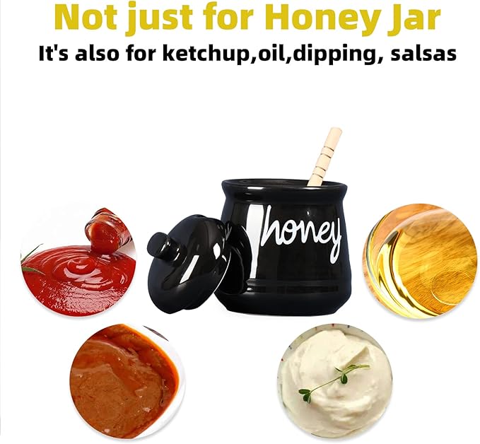 ONTUBE Honey Jar with Dipper and Lid, Ceramic Honey Pot 12oz, Black