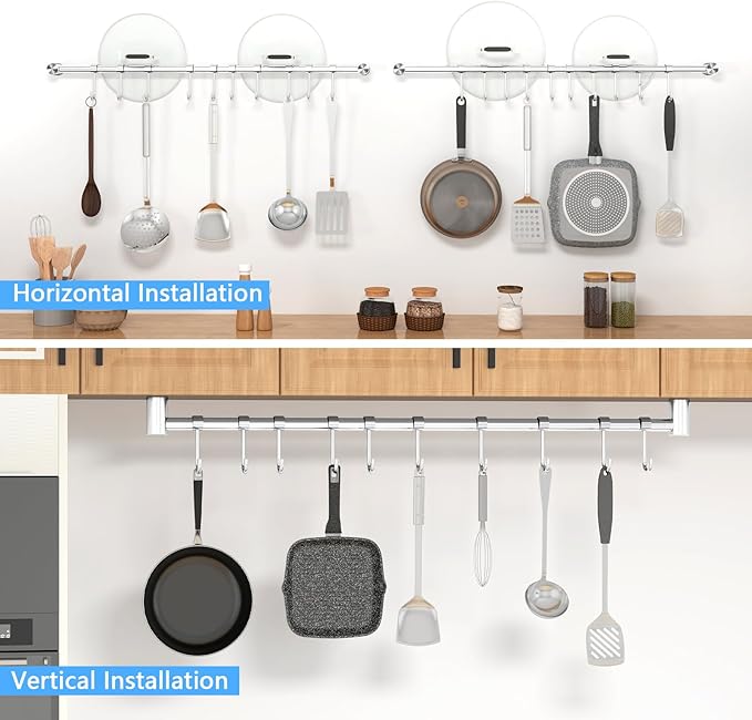 Kitchen Utensil Rack 2 Pack, 20.9 Inch Pots and Pans Hanging Rack Wall Mounted, 304 Stainless Steel Lid Cooking Utensil Hanger