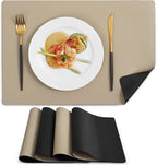 MOSAYT Vinyl Placemats Set of 4, Heat Resistant Place Mats 100% Waterproof Washable & Wipeable Faux Leather Reversible Table Mats for Kitchen Dining Party Indoor Outdoor, 12" x 17", Black/Khaki