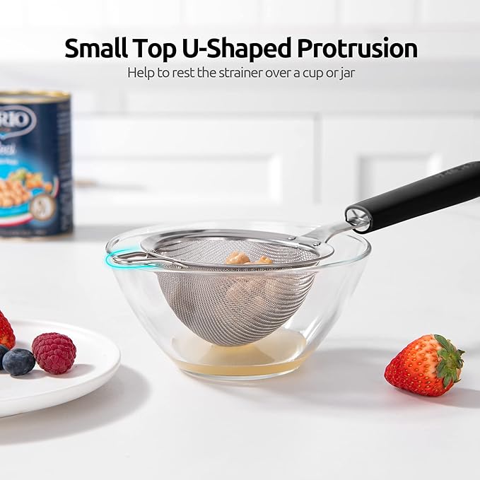 18/8 Stainless Steel Mesh Strainer: U-Taste 3.9 Inch Kitchen Fine Mesh Sieve Food Colander with Riveted Sturdy Silicone Handle and 30 Mesh Hole for Straining Flour, Quinoa, Tea, Juice (Black)