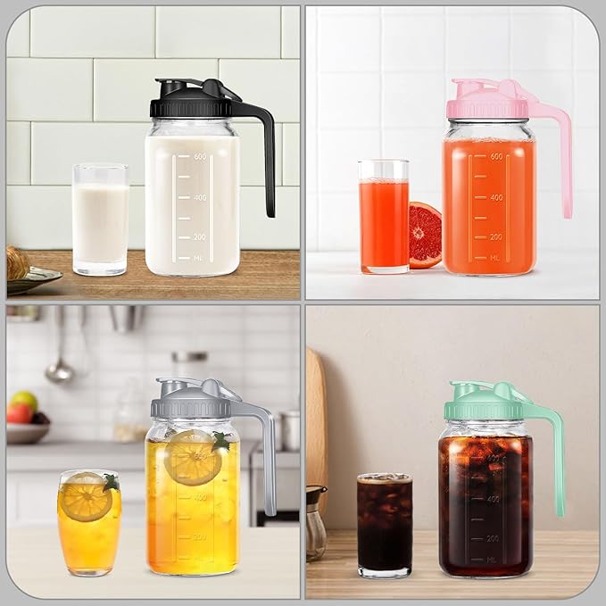 Mason Jar Pitcher, 64 OZ Breast Milk Pitcher Double Leak Proof with Pour Spout Handle, Wide Mouth Iced Tea Pitcher for Fridge, Creamer Container for Coffee, Sun Tea juice (Pink,3 Pack)