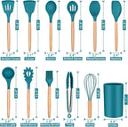 P&P CHEF Silicone Cooking Utensils Set, 12PCS Kitchen Utensils Set with Wooden Handle for Nonstick Cookware, Ladle, Spoon, Spatula, Tong, Heat-resistant & Non-scratch, Non Smell & Healthy, Blue