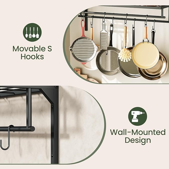 Hanging Pot Rack, Wall-Mounted Pot Rack, Kitchen Cookware Organizer, Metal Pot Rack Holder, for Cookware, Utensils Organization, Black TPR38BB
