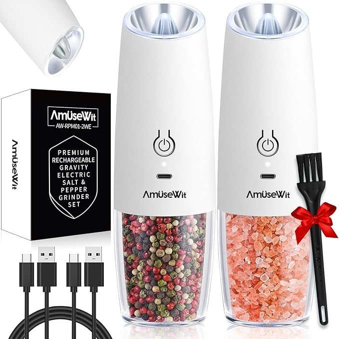 AmuseWit Gravity Electric Salt and Pepper Grinder Set [White Light] USB Rechargeable Automatic Pepper and Salt Mills,Adjustable Coarseness,One-Handed Operation, Snow White