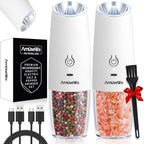 AmuseWit Gravity Electric Salt and Pepper Grinder Set [White Light] USB Rechargeable Automatic Pepper and Salt Mills,Adjustable Coarseness,One-Handed Operation, Snow White