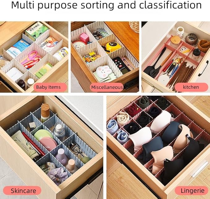 Adjustable Drawer Divider Kit – 8 Pack (White + Blue) – DIY Expandable Drawer Organizer for Dresser, Kitchen, Bathroom