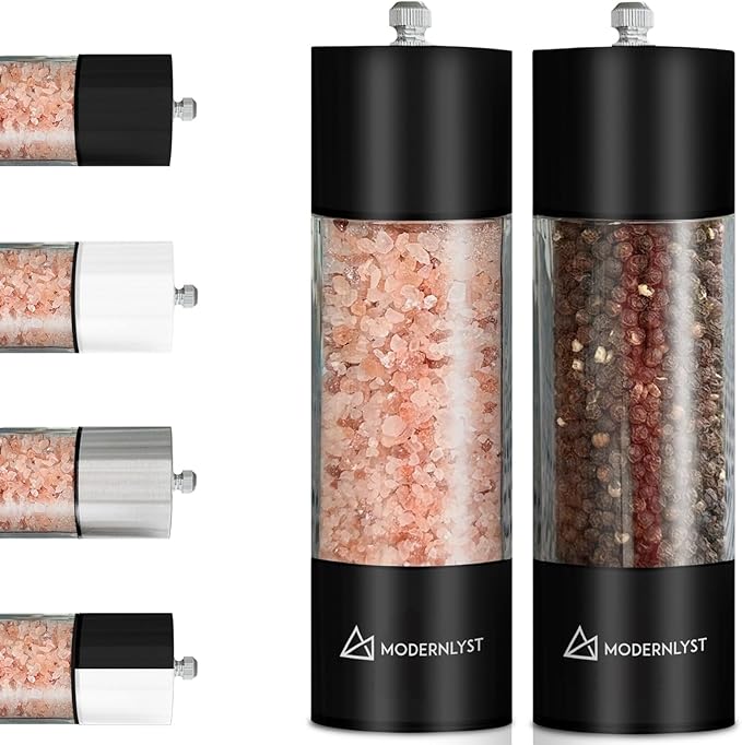 Manual Salt and Pepper Grinder Set of 2 | Large Round Salt and Pepper Shakers Set | 7.5 inch Stainless Steel Salt Grinder Refillable | Pepper Grinder Manual (Black)
