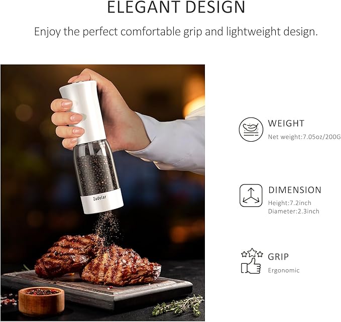 Electric Salt and Pepper Grinder Set with LED Power Display,Larger Capacity Salt and Pepper Shakers Set Rechargeable Electric with Flexible Coarsenes,LED Light,One Hand Operation for Kitchen(White)