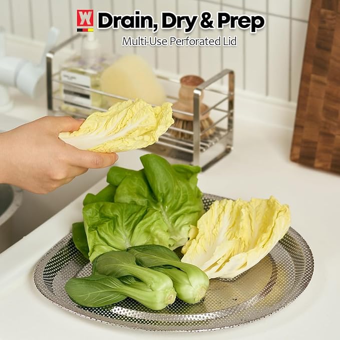 Stainless Steel Vegetables & Fruits Wash Strainer Colander, Perforated Tray, Mini Drying Rack for Dishes, Fitting Lid for Washing-up Bowl (300 x 320 x 16mm / 11.81 x 12.60 x 0.63inches)