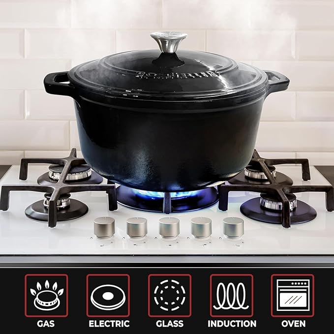MÜELLERHOME 7.5 QT Enameled Cast Iron Dutch Oven, Heavy-Duty, Oven-Safe up to 500° F & Across All Cooktops, Casserole Dish and Braiser Pan with Lid and Stainless Knob, Black
