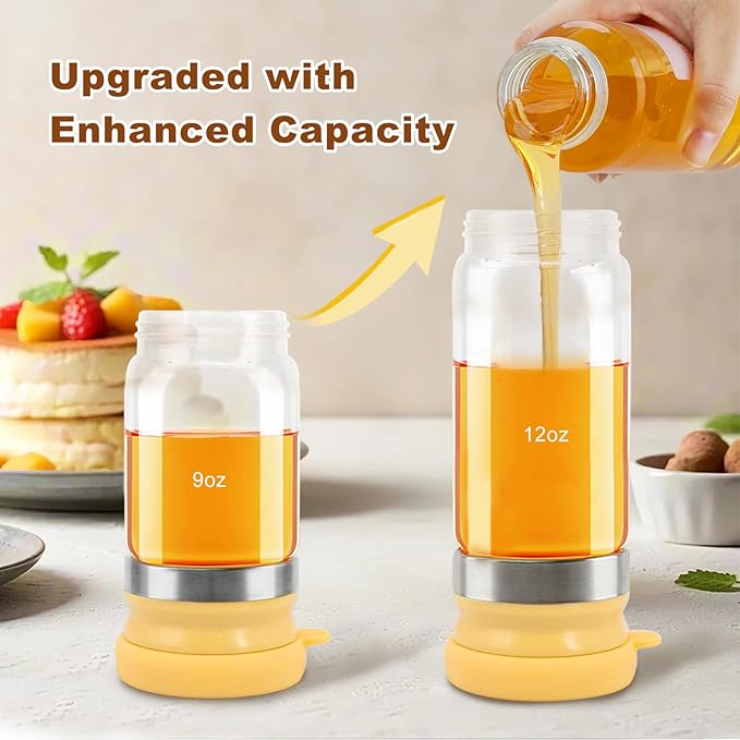 Glass Honey Dispenser No-Drip with Handle – 12 oz Maple Syrup Jar Dispenser for Coffee, Pancakes & Waffles – Elegant Glass Syrup Container for Easy Pouring – Honey Jar for Kitchen & Breakfast Table