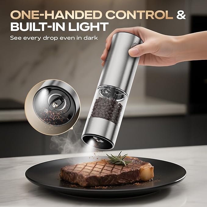 Electric Salt and Pepper Grinder Set, Rechargeable Automatic Salt Pepper Shakers Mills, Adjustable Coarseness Easy Filling with Base, for Kitchen Outdoors Gift- 2 Packs, Silver Stainless Steel