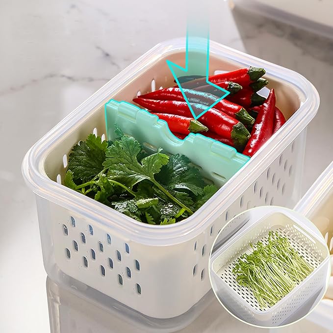 Upgraded Fresh Produce Vegetable Fruit Storage Containers，Large Fruit Containers for Fridge with Lid Vent Handle and Colander ，Keep Berry Fruit Vegetable Food Meat Fresh Longer (5)