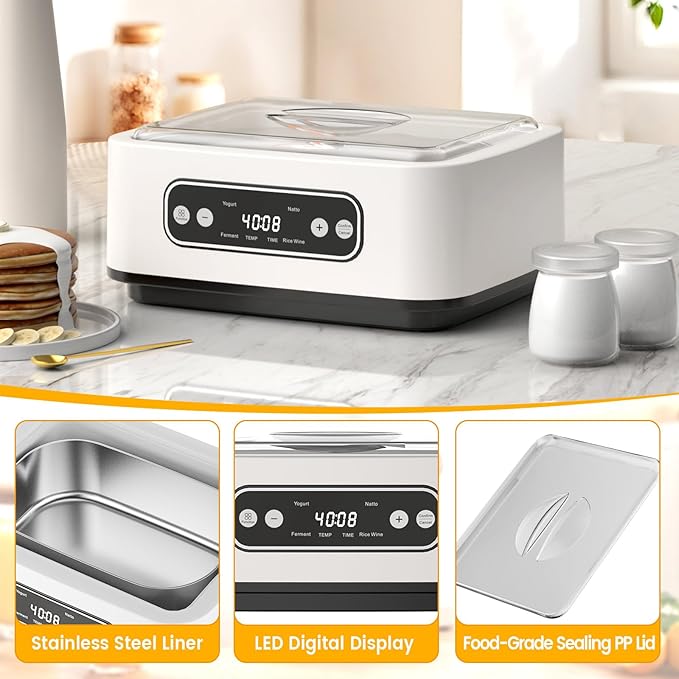 Yogurt Maker Machine, Automatic Yogurt Maker with Constant Temperature Control & Smart Timer, Digital Greek Yogurt Machine for Home, Includes 9x100ML/3.4oz Glass Jars & 1.6L Stainless Steel Liner
