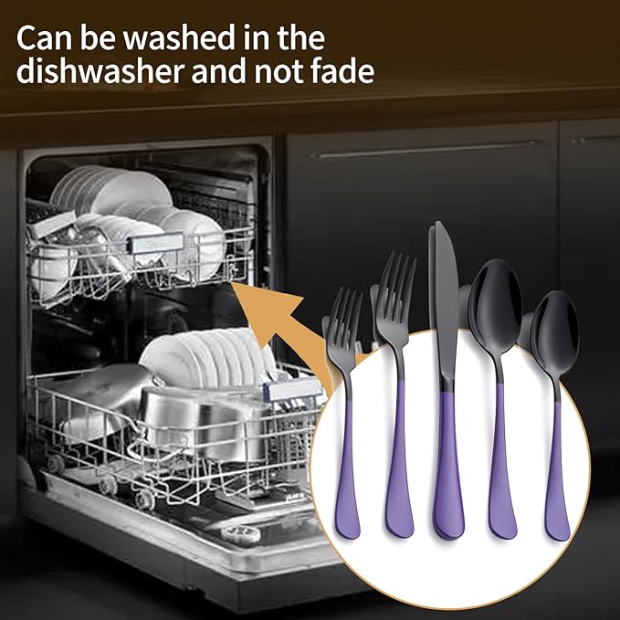 20-Piece Black and Purple Silverware Set 18/0 Stainless Steel Silverware Set Lake Blue Handle Cutlery Set Service for 4 Dinner Knives Forks Spoons Set Flatware Set Finish Dishwasher Safe