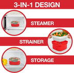 Microwave Steamer for Vegetables - 3 pc Microwavable Cooker with Food Storage- XMAS Holiday Cooking Made Easy- Removable Strainer & Locking Steam Vent Lid- BPA Free, Fridge & Freezer Safe | 1.3 Liters