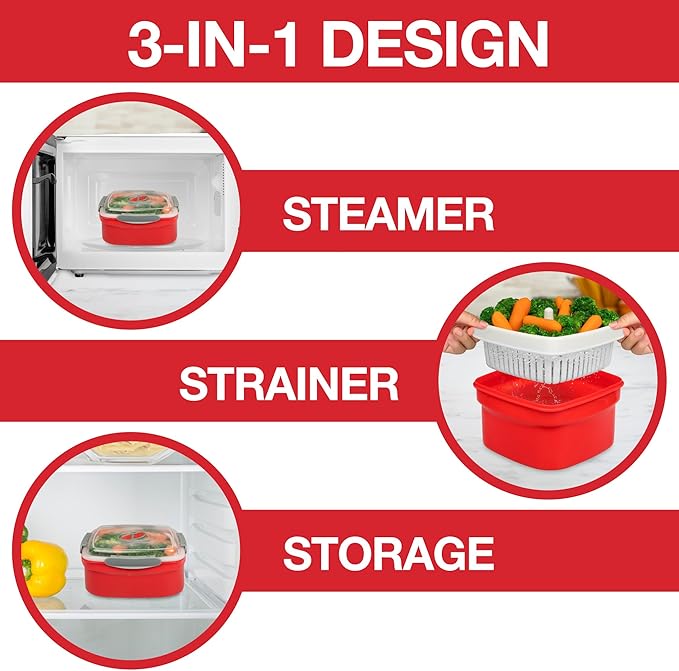 Microwave Steamer for Vegetables - 3 pc Microwavable Cooker with Food Storage- XMAS Holiday Cooking Made Easy- Removable Strainer & Locking Steam Vent Lid- BPA Free, Fridge & Freezer Safe | 1.3 Liters