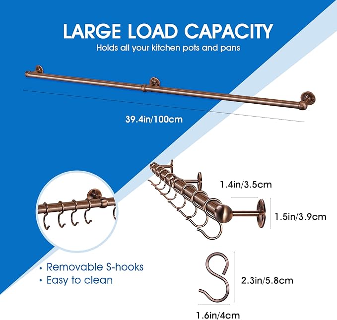 ROTHLEY 39.4 Inch Stainless Steel Wall Mounted Hanging Pot and Pan Rack with Adjustable S Hooks, Antique Copper