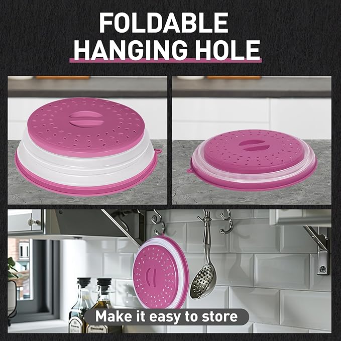 Collapsible Microwave Splatter Cover for Food, Vented Microwave Lid with Hook Hole, Splatter Guard for Plate Dish Bowl, Vegetable Fruit Colander Multi-function Kitchen Gadget (Purple)