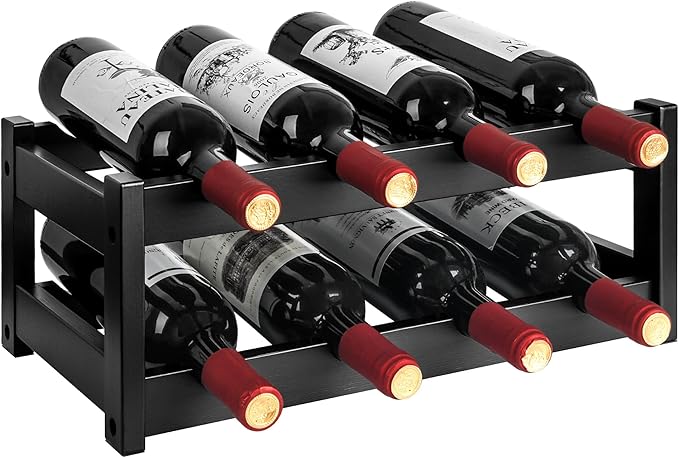 VASMIA Bamboo Wine Rack, 2-Tier Wine Racks Countertop Cabinet Wine Holder Wine Storage Shelf for Pantry Kitchen Bar Black