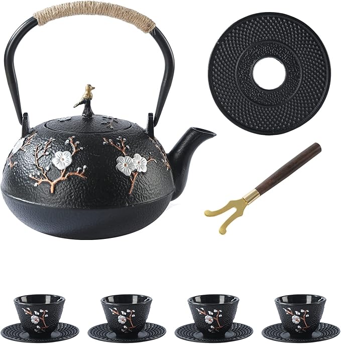 Tea Set Tea Kettle Japanese Style Beautiful Black Cast Iron Teapot Set with 4 Cups,4 Cup Mats,1 Trivet and 1 Lid Holder,40.6oz Teapot with Infuser for Stove Top Safe