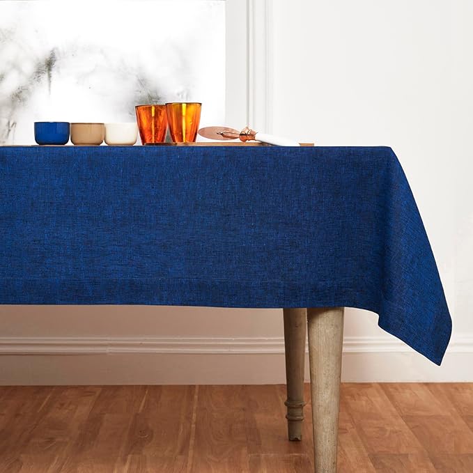 Solino Home Linen Tablecloth 60 x 90 Inch - 100% Pure Linen Royal Blue Table Cloth for Rectangular Tables - Athena, Machine Washable Cloth Tablecloth for Summer