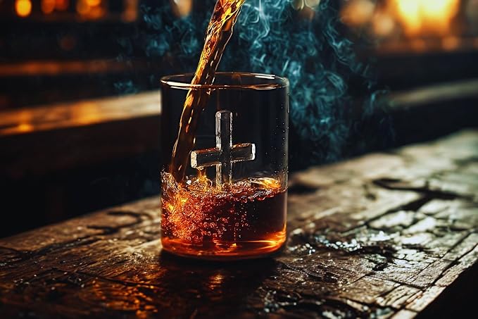 Crucifix Whiskey Glass – Premium Christian Cross Religious Glass, Old Fashioned Glass, Liquor – Luxurious Gold Rim – Home Bar Accessories Ideal for Man Cave, Fun Gift, Christian Gift, Religious Gift