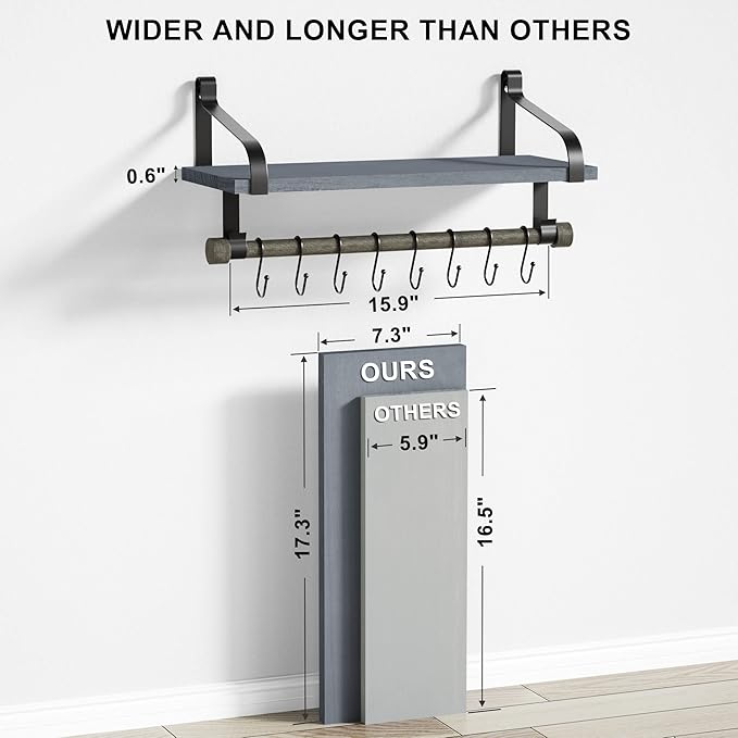 Love-KANKEI Wall Shelf for Storage Rustic Wood Kitchen Spice Rack with Towel Bar and 8 Removable Hooks for Organize Cooking Utensils or Mugs Floating Shelf Weathered Grey