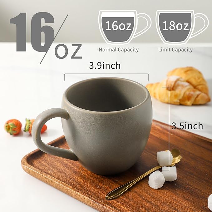 Ceramic Coffee Mugs Set, 16 oz Large Coffee Cups Set of 6 with Big Handle, Stoneware Coffee Mugs for Cappuccino, Tea, Cocoa, Cereal, Cute Latte Cups for Men and Women Gifts, Grey