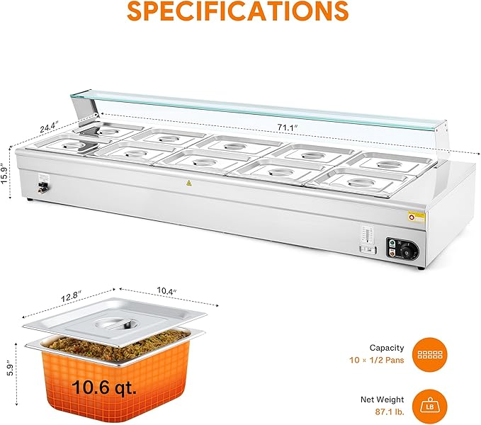 WILPREP 10-Pan Commercial Food Warmer with Sneeze Guard, Ten 1/2 Pans, 1500W Countertop Electric Warmer, 86-185°F Adjustable Temp Control, Stainless Steel Buffet Bain Marie